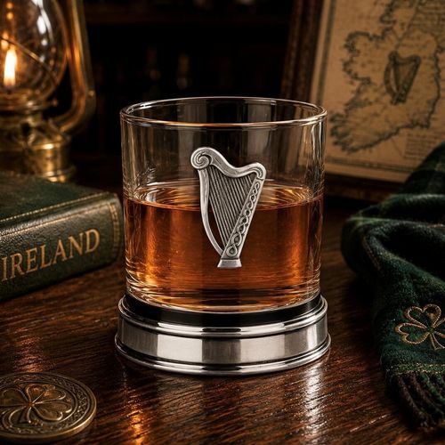 Whisky tumbler with pewter Irish Harp emblem and polished base, partially filled with amber liquid