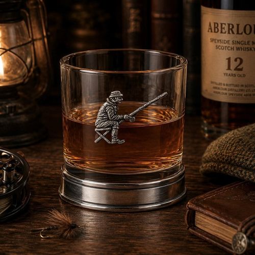Whisky tumbler with pewter fisherman emblem and polished base, partially filled with amber liquid