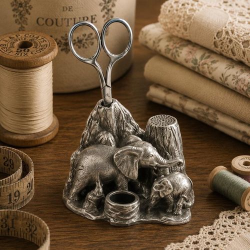 Vintage-style pewter elephant sewing station featuring a mother elephant and calf figurine, a mountain-shaped scissor holder, a built-in thimble holder, and a small round storage well
