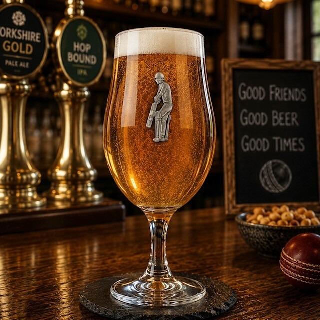Premium stemmed beer glass featuring an intricate pewter cricketer batsman motif