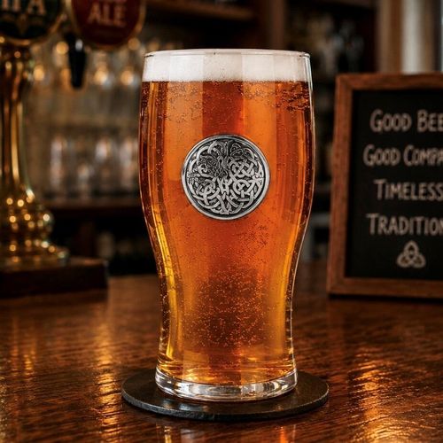A straight pint beer glass filled with amber ale and a foamy white head, featuring a detailed circular pewter medallion embossed with an intricate, neverending Celtic knotwork design