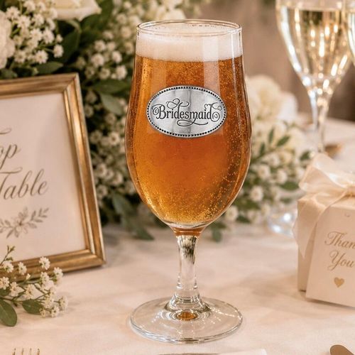 A Stemmed Pint Beer Glass with a Pewter Bridesmaid badge on the front, filled with Beer