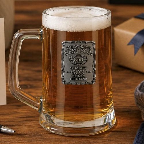 One-pint glass beer tankard filled with lager, featuring a detailed pewter plaque that reads 'The World's Best Son, No.1 Quality Son, The Man The Legend