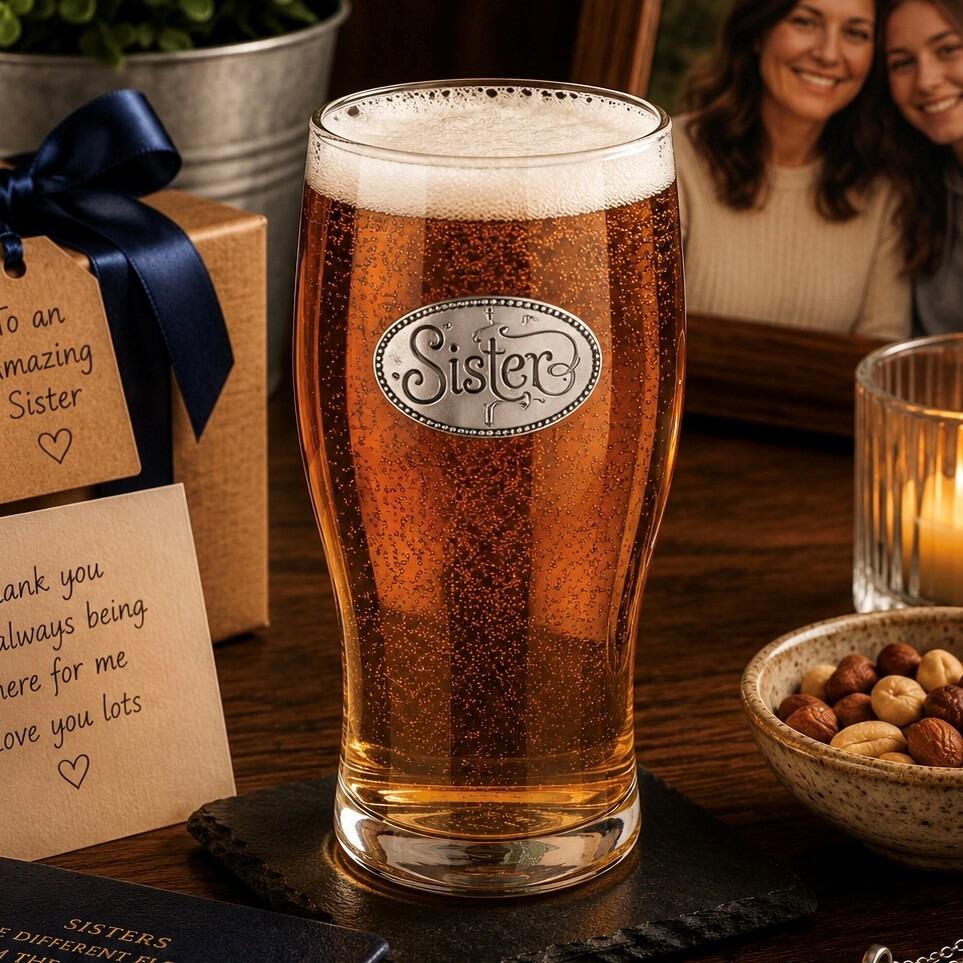 Pint glass with handmade pewter sister badge filled with golden beer