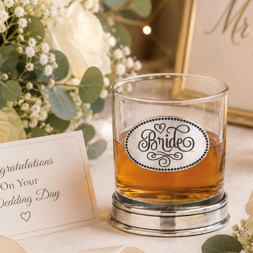 Whisky tumbler with pewter 'Bride' badge and polished base, partially filled with amber liquid