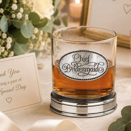 Whisky tumbler with pewter 'Chief Bridesmaid' badge and polished base, partially filled with amber liquid