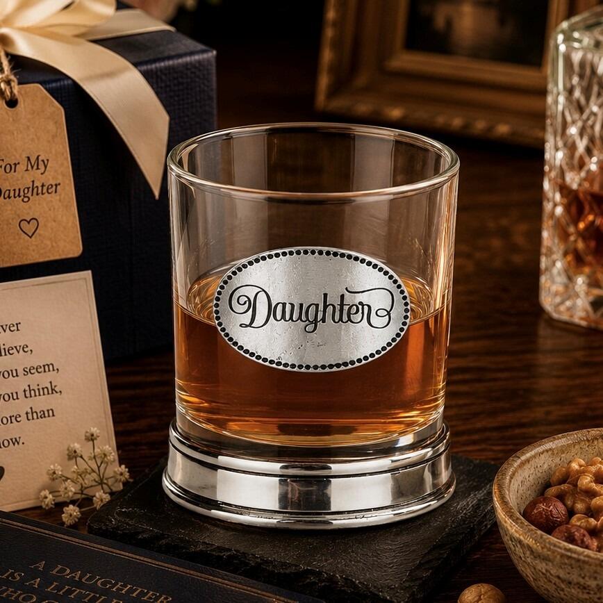 Whisky tumbler with pewter 'Daughter' badge and polished base, partially filled with amber liquid