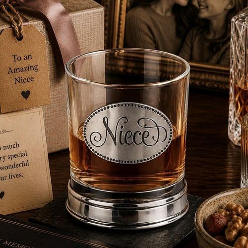 Whisky tumbler with pewter 'Niece' badge and polished base, partially filled with amber liquid