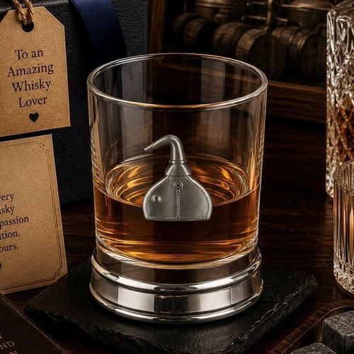 Whisky tumbler with pewter pot still motif and polished base, partially filled with amber liquid