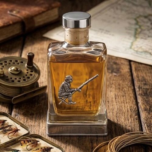 Handcrafted glass hip flask with pewter base featuring detailed fishing man emblem on front