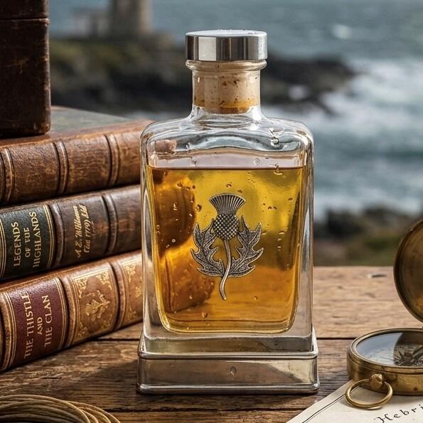 A glass flask with a pewter base and a handcrafted pewter thistle emblem on the front