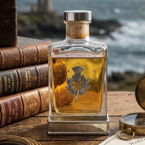 A glass flask with a pewter base and a handcrafted pewter thistle emblem on the front