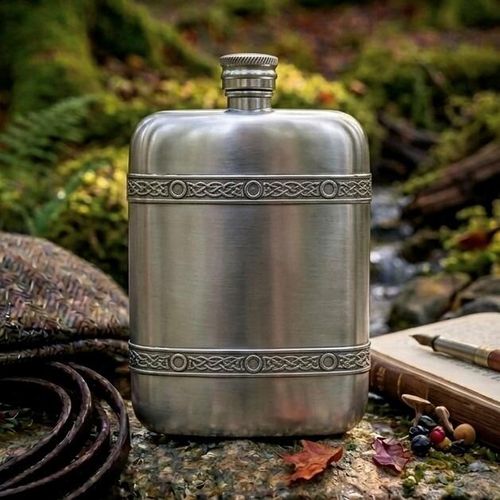Brushed pewter hip flask featuring two detailed Celtic knotwork bands, styled outdoors on a stone beside a stream with an open vintage journal