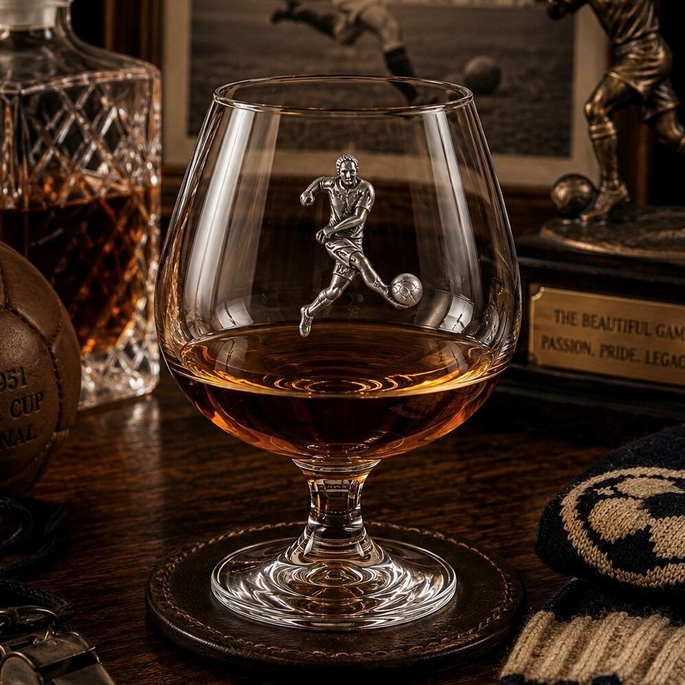 Crystal brandy glass with A E Williams pewter footballer emblem, partially filled with amber liquid