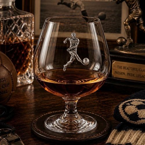 Crystal brandy glass with A E Williams pewter footballer emblem, partially filled with amber liquid