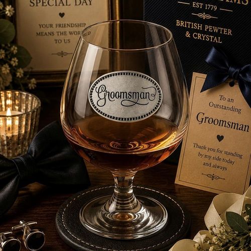 Elegant crystal brandy glass with pewter "Groomsman" badge, partially filled with amber liquid