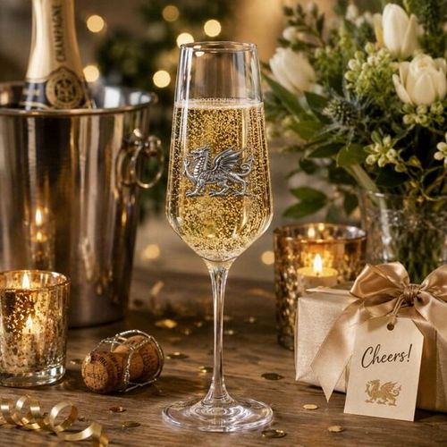 A Champagne Flute with a Pewter Welsh Dragon badge on the front, filled with Champagne