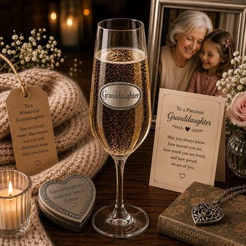 A Champagne Flute with a Pewter Granddaughter badge on the front, filled with Champagne
