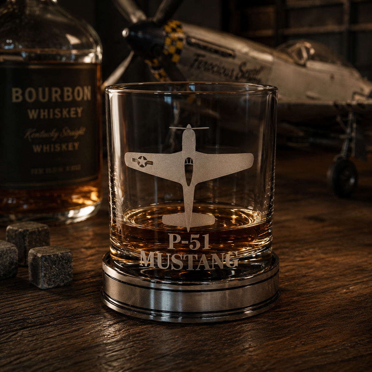 Handcrafted pewter P-51 Mustang whisky tumbler with engraved WWII fighter aircraft design, filled with whisky on a polished pewter base in an aviation-inspired lifestyle setting with vintage aircraft background, luxury British made whisky glass gift