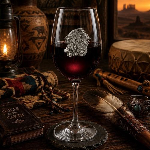 Wine glass with handmade pewter Native American cultural badge filled with red wine