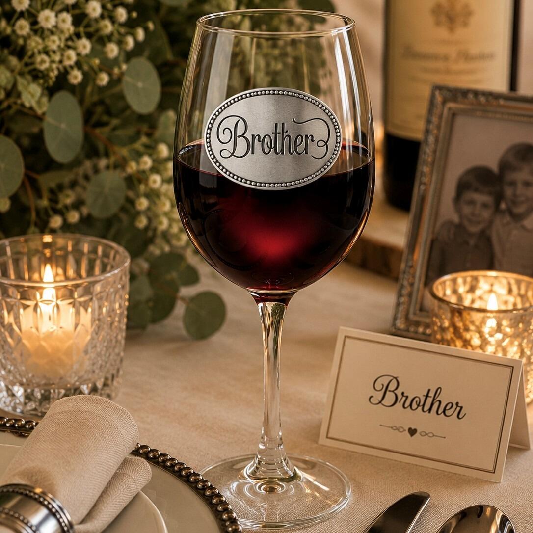 Wine glass with handcrafted pewter Brother badge filled with red wine