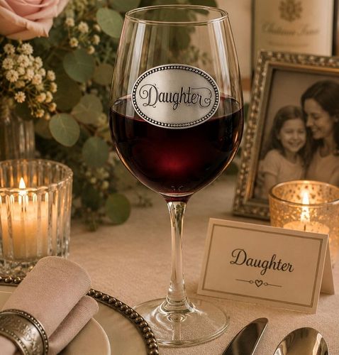 Wine glass with handcrafted pewter Daughter badge filled with red wine