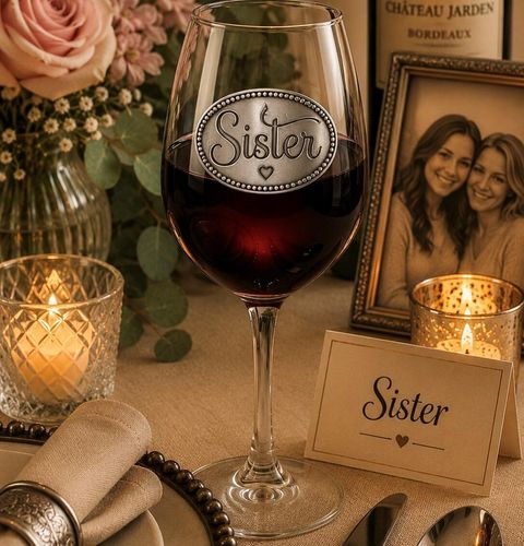 Wine glass with handmade pewter sister badge filled with red wine