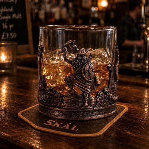A lowball PEWTER glass whisky tumbler filled with amber spirits and ice cubes, nestled in an detailed metal holder with a dark chocolate bronze finish. The front of the holder features a prominent, high-relief sculpted Viking warrior with a long beard and helmet, brandishing a battle axe in one hand and holding a round shield in the other. The warrior stands amidst a carved base of rocky terrain and stylized waves, with a Viking longship prow flanking the right side of the glass