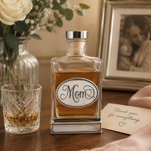 Handcrafted glass hip flask with pewter base featuring detailed mom emblem on front