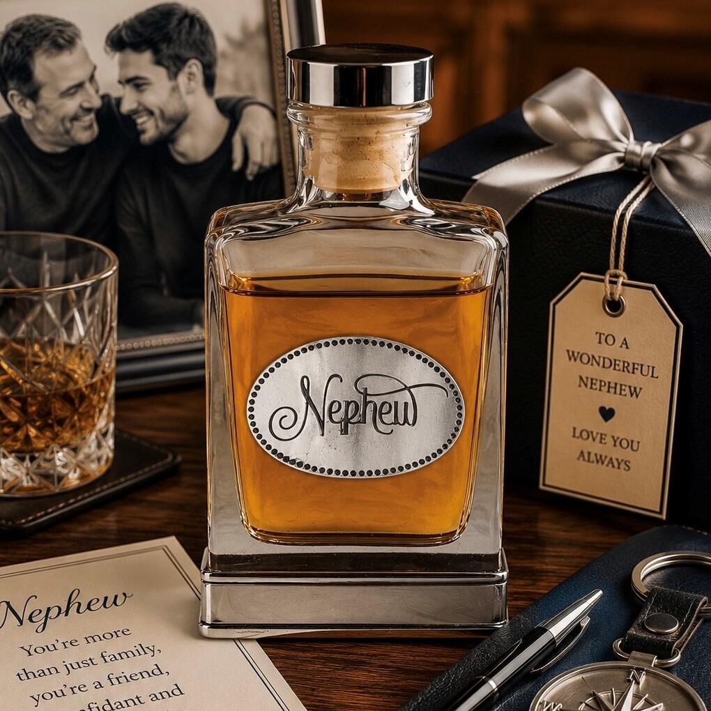 A glass flask with a pewter base and a handcrafted pewter “Nephew” emblem on the front