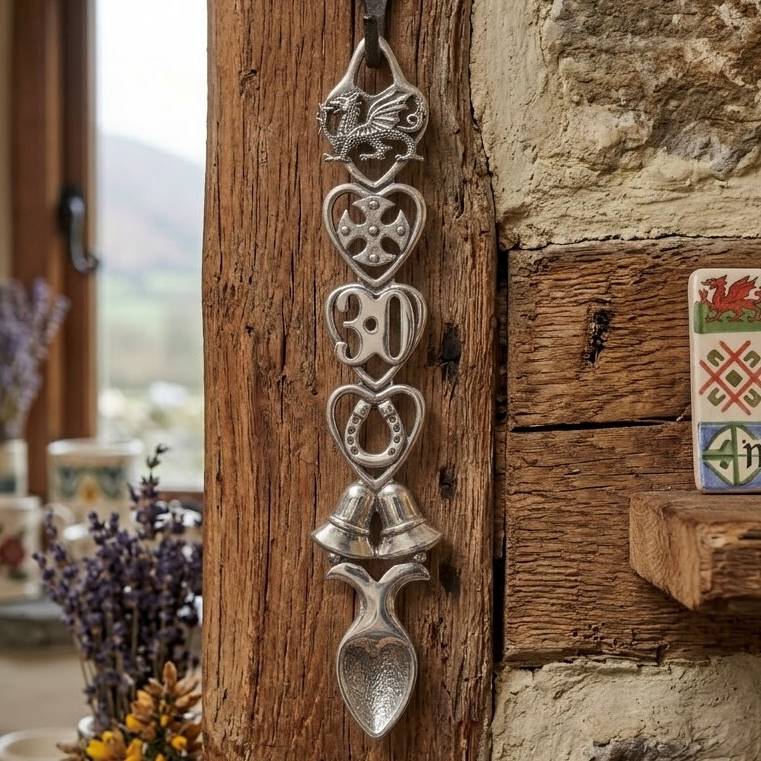Handcrafted pewter 30th anniversary Welsh lovespoon hanging on a rustic wooden beam, featuring detailed symbols including a Welsh dragon, Celtic cross, the number 30, a horseshoe, wedding bells, and a heart-shaped spoon bowl.