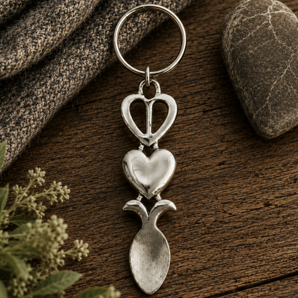 Handcrafted pewter Welsh lovespoon keyring featuring an open cut-out heart and a smooth solid heart above a spoon bowl, resting on a rustic wooden background next to grey knit fabric and a smooth stone.