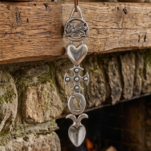 Handcrafted pewter Welsh lovespoon hanging against a wooden beam and stone fireplace, featuring a circular Welsh dragon top, a smooth solid heart, a studded Celtic cross, a keyhole cut-out lock motif, and a textured spoon bowl.