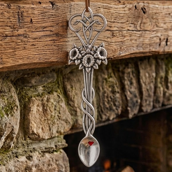 Handcrafted pewter Welsh lovespoon hanging against a wooden beam and stone fireplace, featuring an elegant Celtic knotwork top, a trio of detailed daffodil flowers, a twisted stem, and a red enamel heart accent inside the spoon bowl.