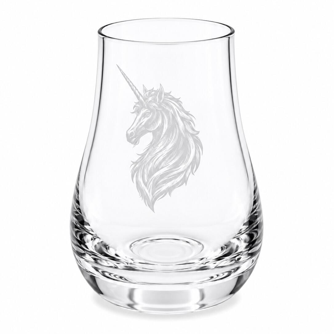 Clear tulip-shaped whisky tasting glass with engraved Scottish unicorn design