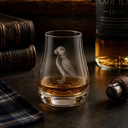Puffin engraved whisky tasting glass with Scotch whisky in a rustic coastal setting