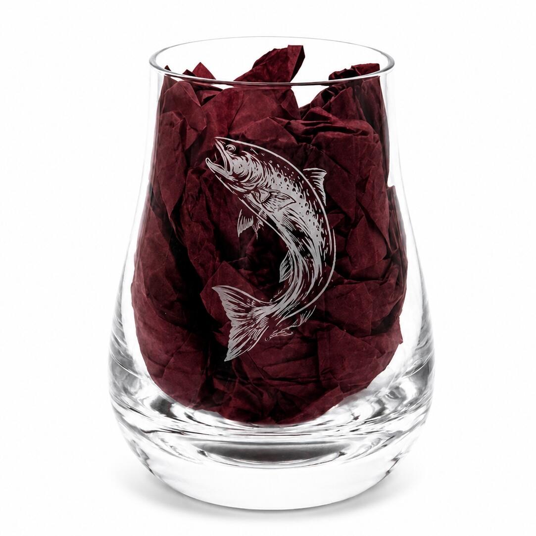Close-up of Leaping Salmon engraved whisky taster glass in gift packaging