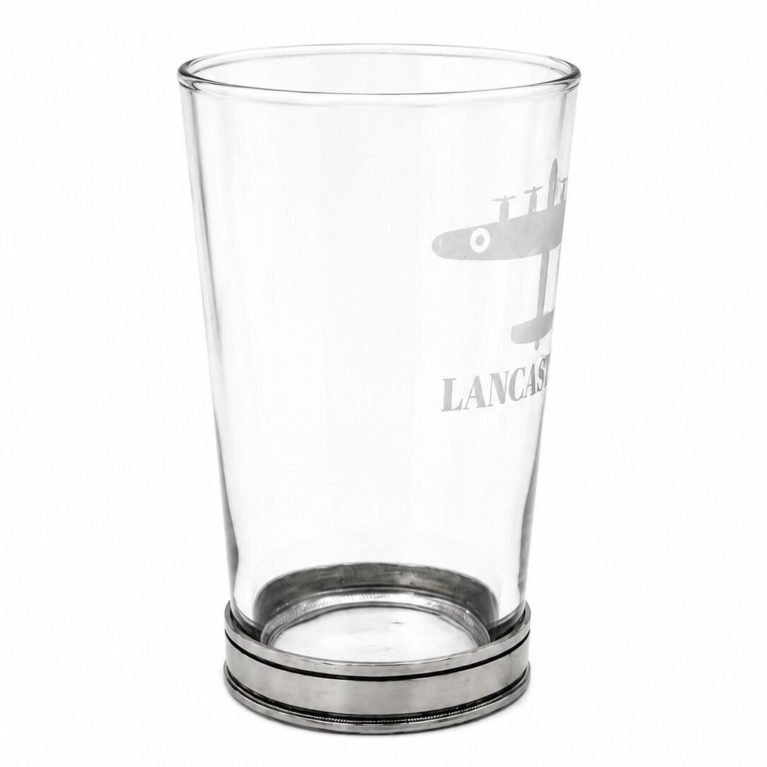 Engraved Lancaster Bomber beer glass with handcrafted pewter base reverse angle