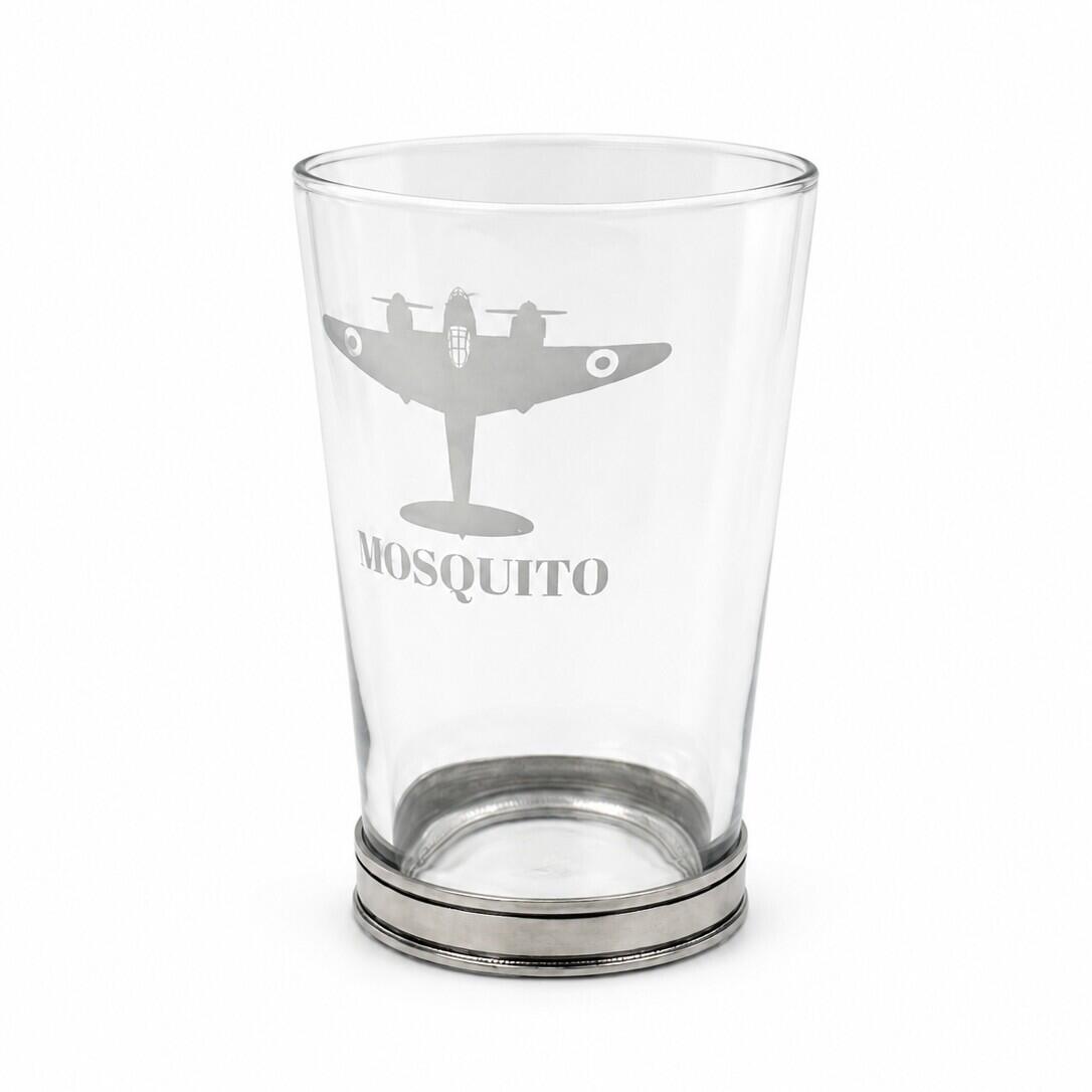 Mosquito aircraft engraved beer glass angled view with polished pewter base
