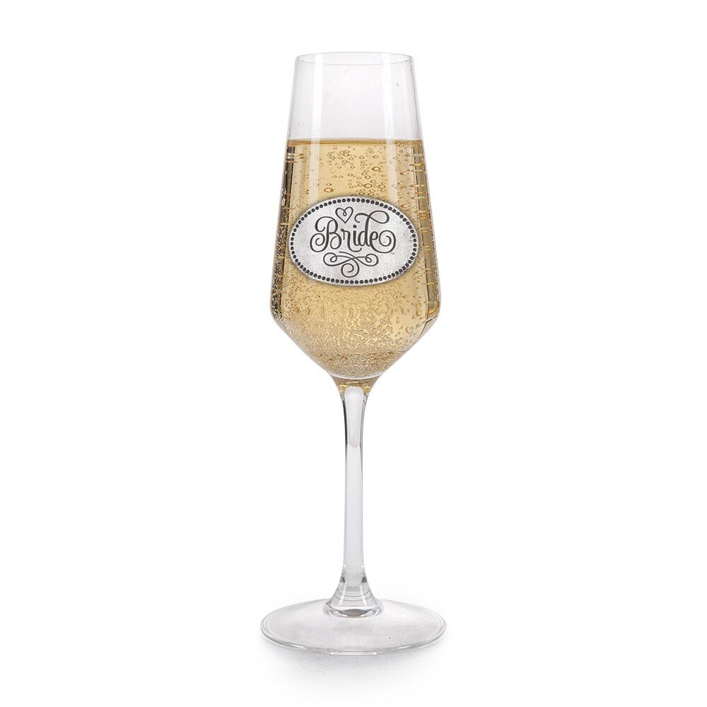 A Champagne Flute with a Pewter Bride badge on the front, filled with Champagne