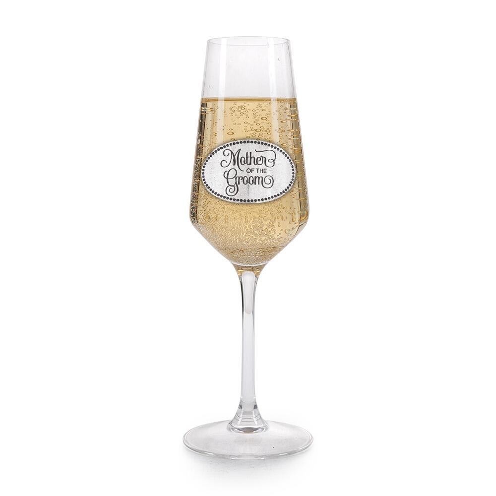 A Champagne Flute with a Pewter Mother of the Groom badge on the front, filled with Champagne