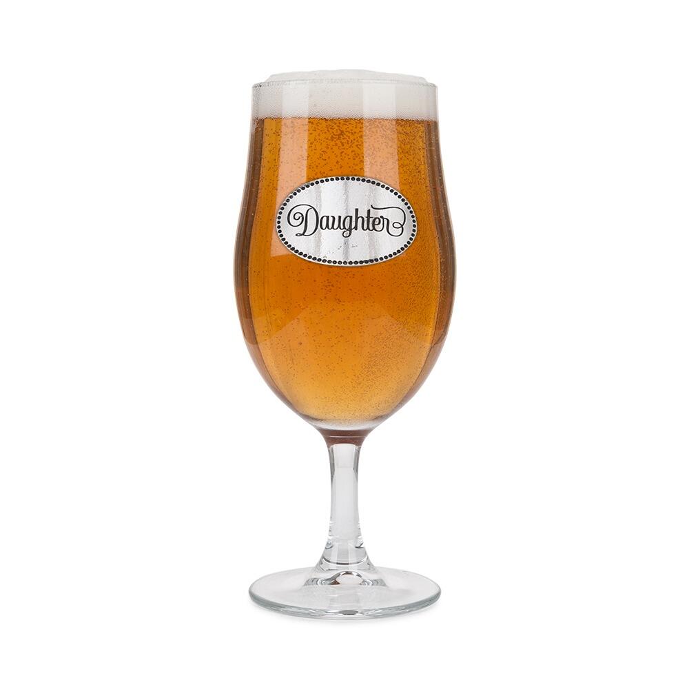 A Stemmed Pint Beer Glass with a Pewter Daughter badge on the front, filled with Beer