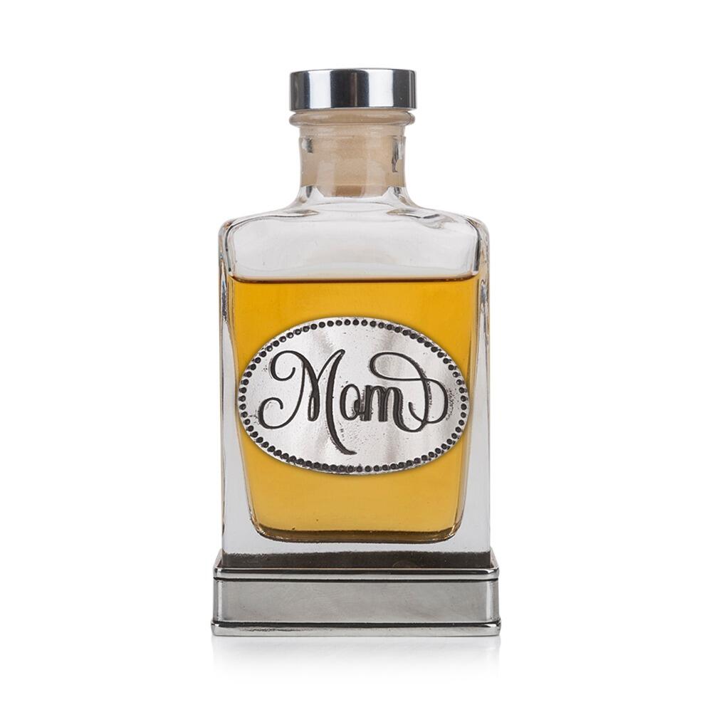 Handcrafted glass hip flask with pewter base featuring detailed mom emblem on front