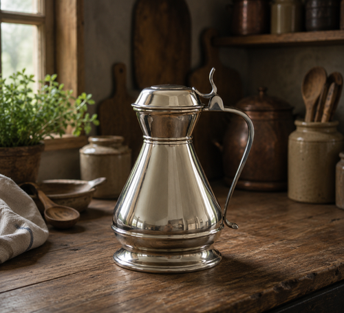 A polished pewter flagon with a teardrop-shaped body, a hinged flat-top lid, and an ornate thumbpiece