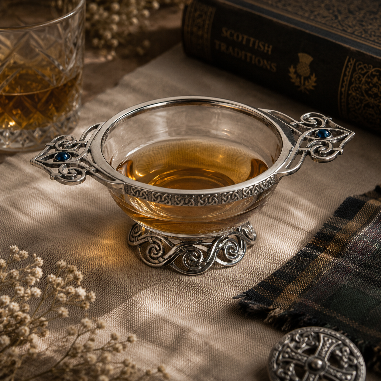 A Pewter and Glass Quaich bowl with a Celtic Knot pattern sitting on a table