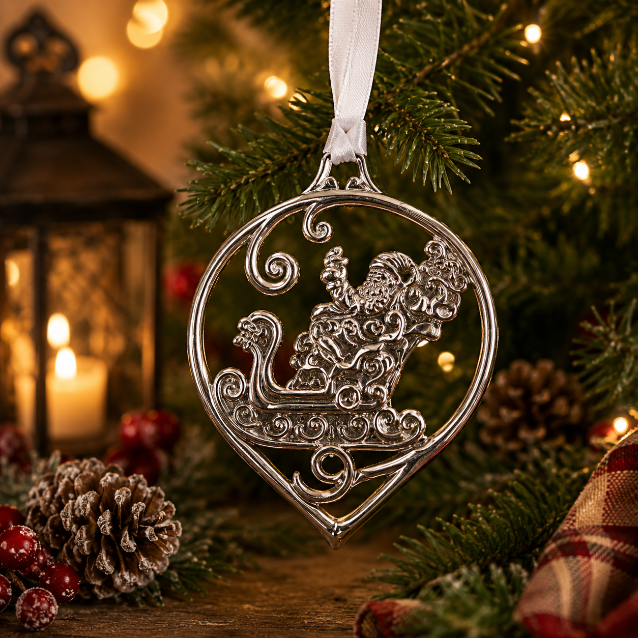 Handcrafted pewter Santa sleigh Christmas ornament featuring Father Christmas riding in an ornate sleigh, hanging on a festive Christmas tree with warm holiday lights, frosted pinecones and seasonal decorations.