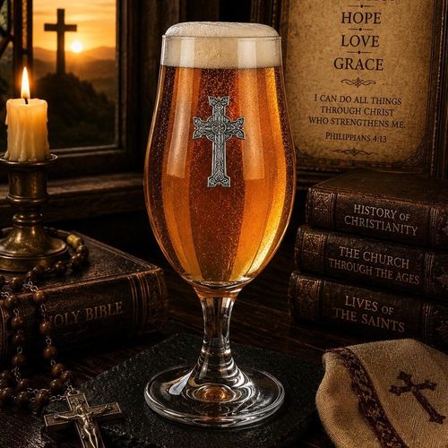 A stemmed beer chalice glass filled with golden ale and a frothy white head, featuring a detailed pewter Celtic cross emblem adorned with intricate knotwork