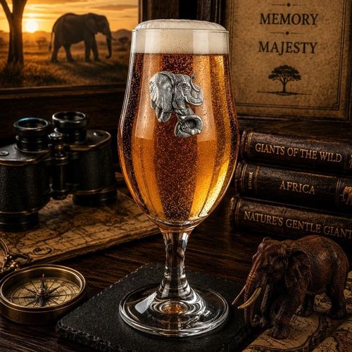 A stemmed beer chalice glass filled with golden ale and a frothy white head, featuring a raised pewter emblem of an elephant head with a curved trunk