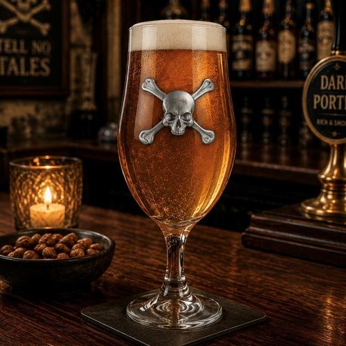 A stemmed beer chalice glass filled with golden ale and a frothy white head, featuring a raised pewter emblem of a skull and crossbones