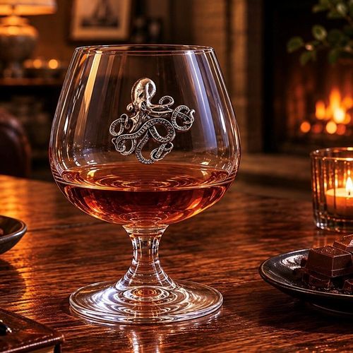 A short-stemmed clear glass brandy snifter filled with amber brandy, resting on a rustic wooden table. The front of the glass bowl is adorned with a detailed pewter relief emblem of an octopus with curling, textured tentacles